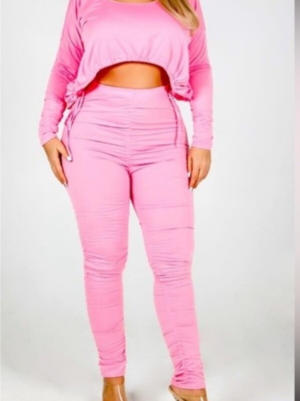 Ruched High-Waist Pink Leggings set– Sleek Sculpting Fit with cropped top NWOT